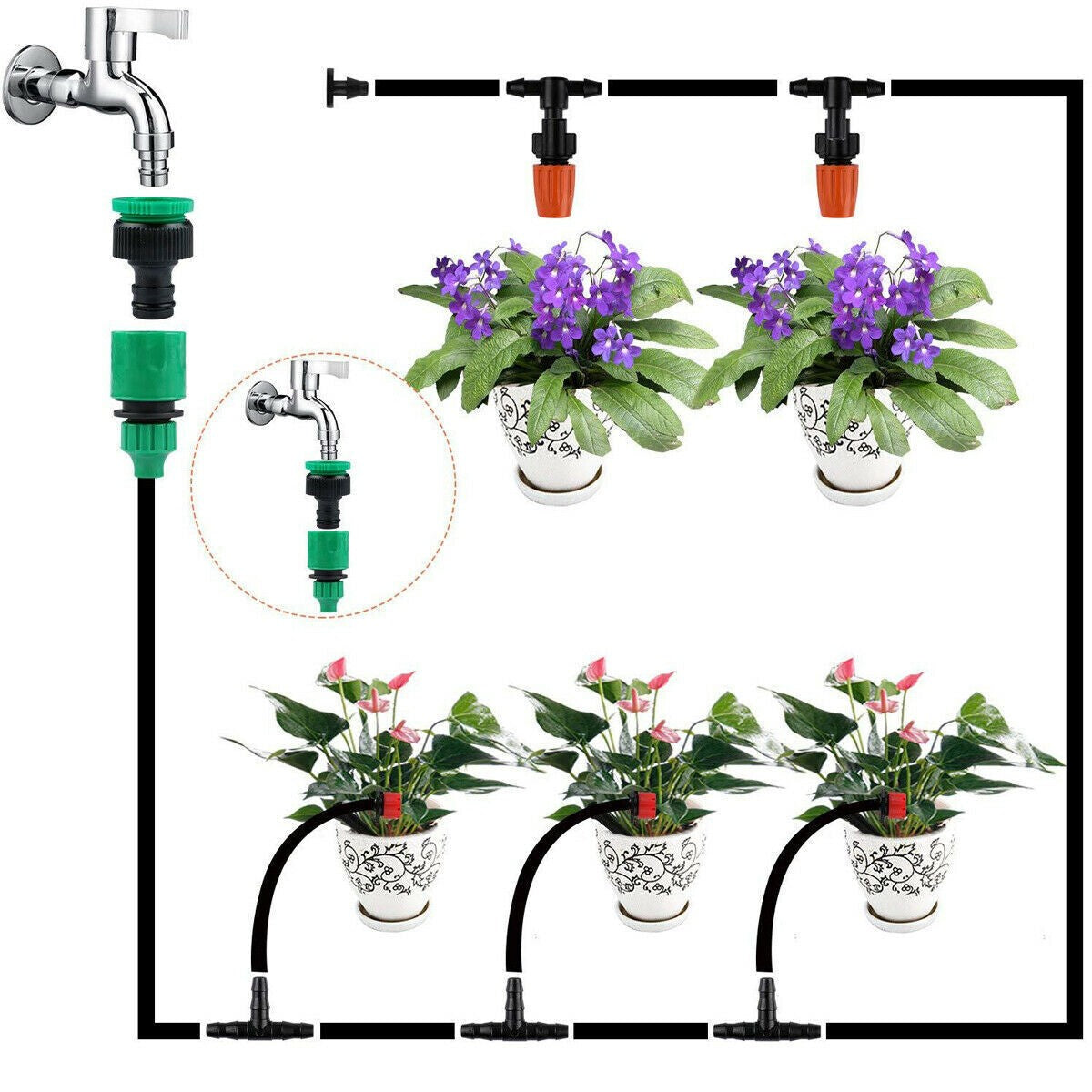 Drip Irrigation System Plant Timer Self Garden Watering Spray Hose Kit 100Ft/30M