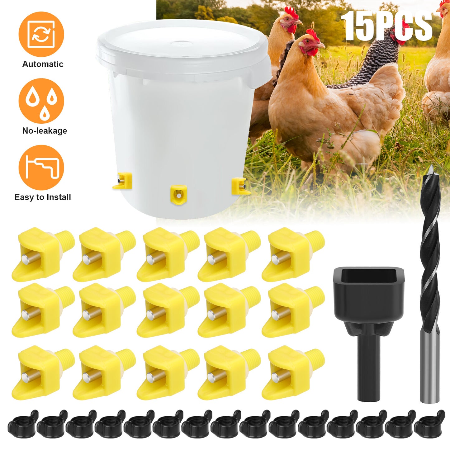 15Pcs Automatic Chicken Water Nipples Easy to Install Horizontal Poultry Waterer