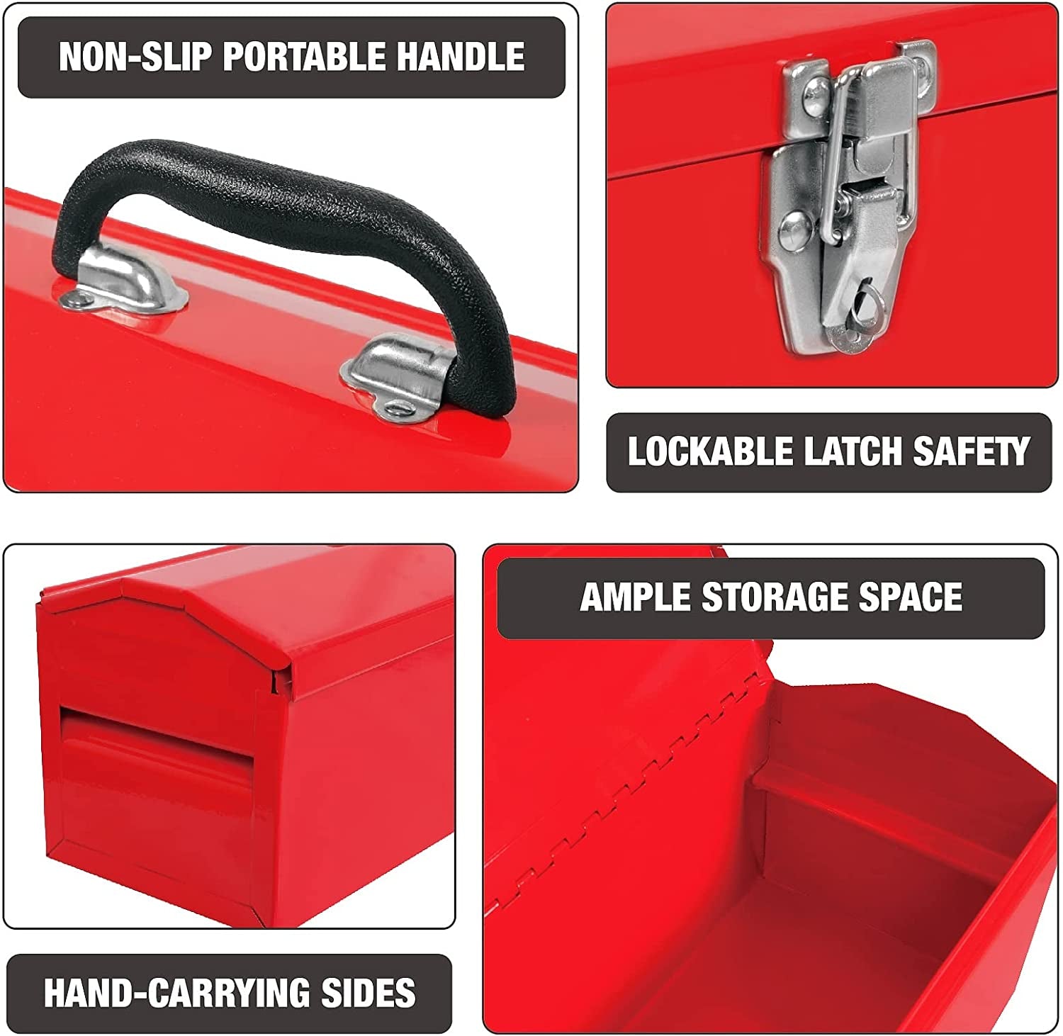 19" Steel Portable Tool Box Organizer with Metal Latch Closure and Removable Storage Tray, Red