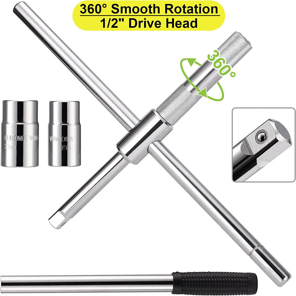 23" Universal Extended Lug Wrench, 4 Way Tire Iron Nut Wrench Set W/Socket