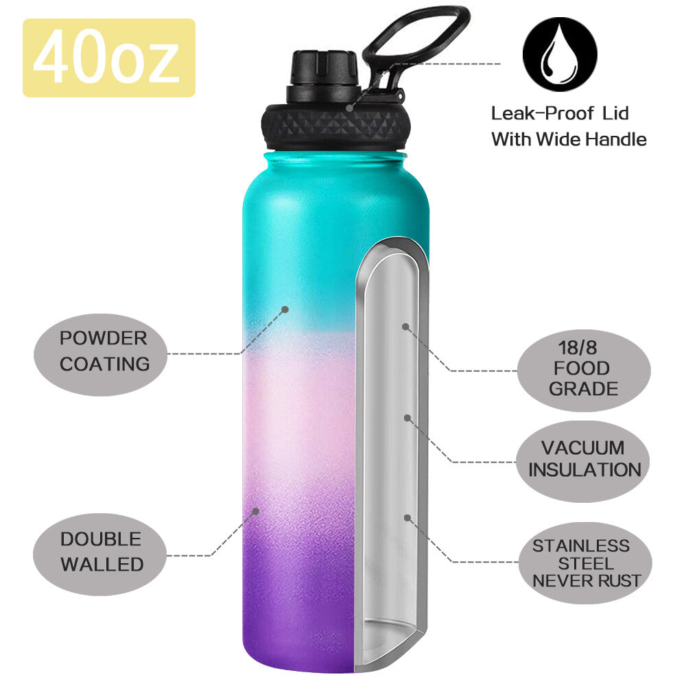 Water Bottle Stainless Steel Vacuum Double Wall Insulation Sport Wide Mouth 40 Oz 