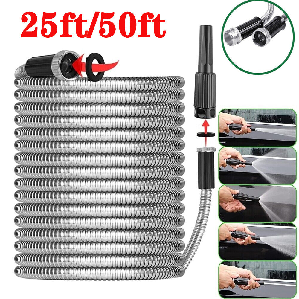 Stainless Steel Metal Garden Water Hose Flexible Heavy Duty Pipe 25FT / 50FT