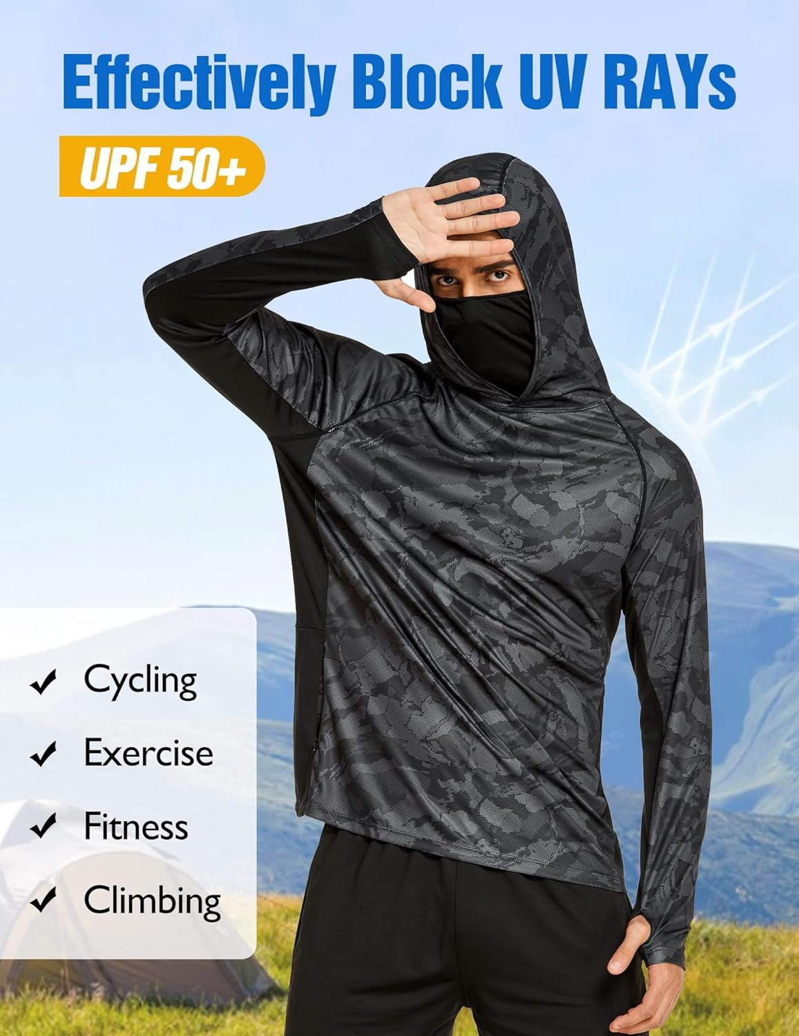 Men'S Hooded Sun Shirts with Mask Fishing Shirts for Men Long Sleeve UPF 50 Rash Guards Cooling Hoodies Hiking Shirts