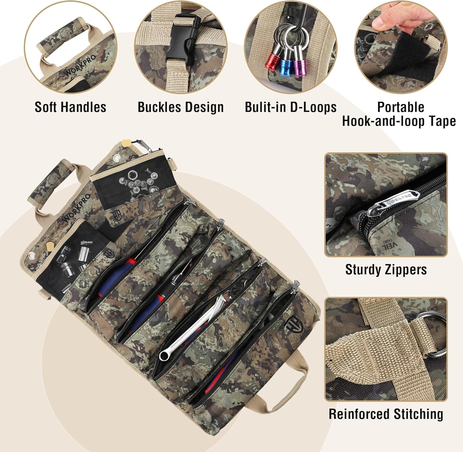 Heavy Duty Tool Bag Organizer with 6 Pockets Tool Roll Organizer for Mechanic, Electrician, Plumber and Carpenter,Camo