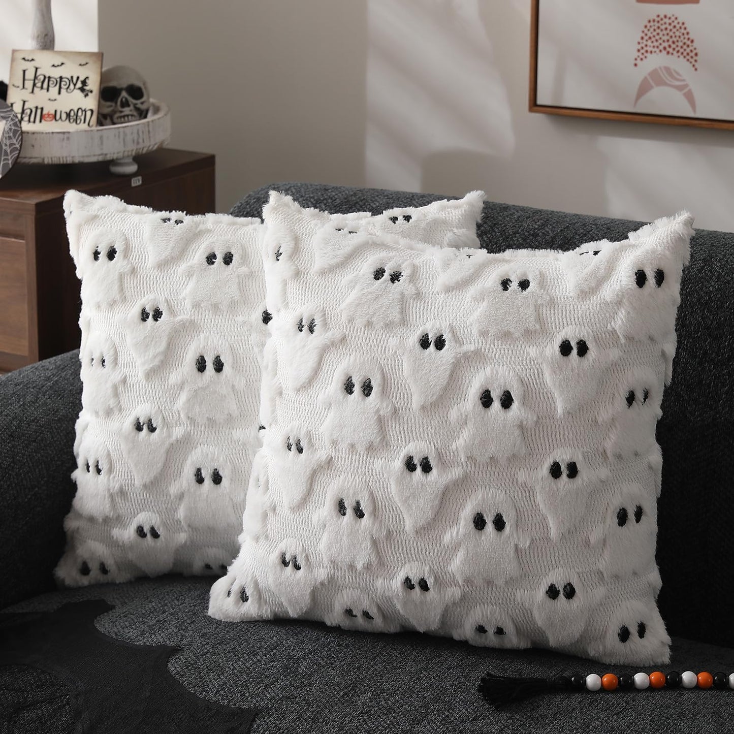 Set of 2 White Ghost Throw Pillow Cases Halloween Pillow Covers  Soft Plush Faux Fur Wool Couch Cushion Case for Chair Sofa Bedroom Living Room18x18 inch