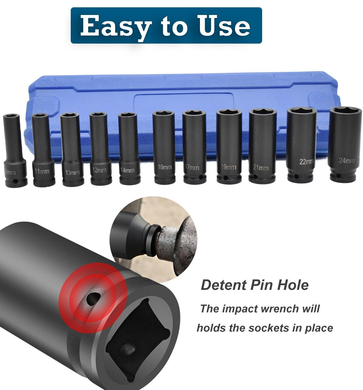11Pcs Deep Impact Socket Set 1/2" 6Pt Drive Metric Axle Hub Nut Sockets 10-24Mm