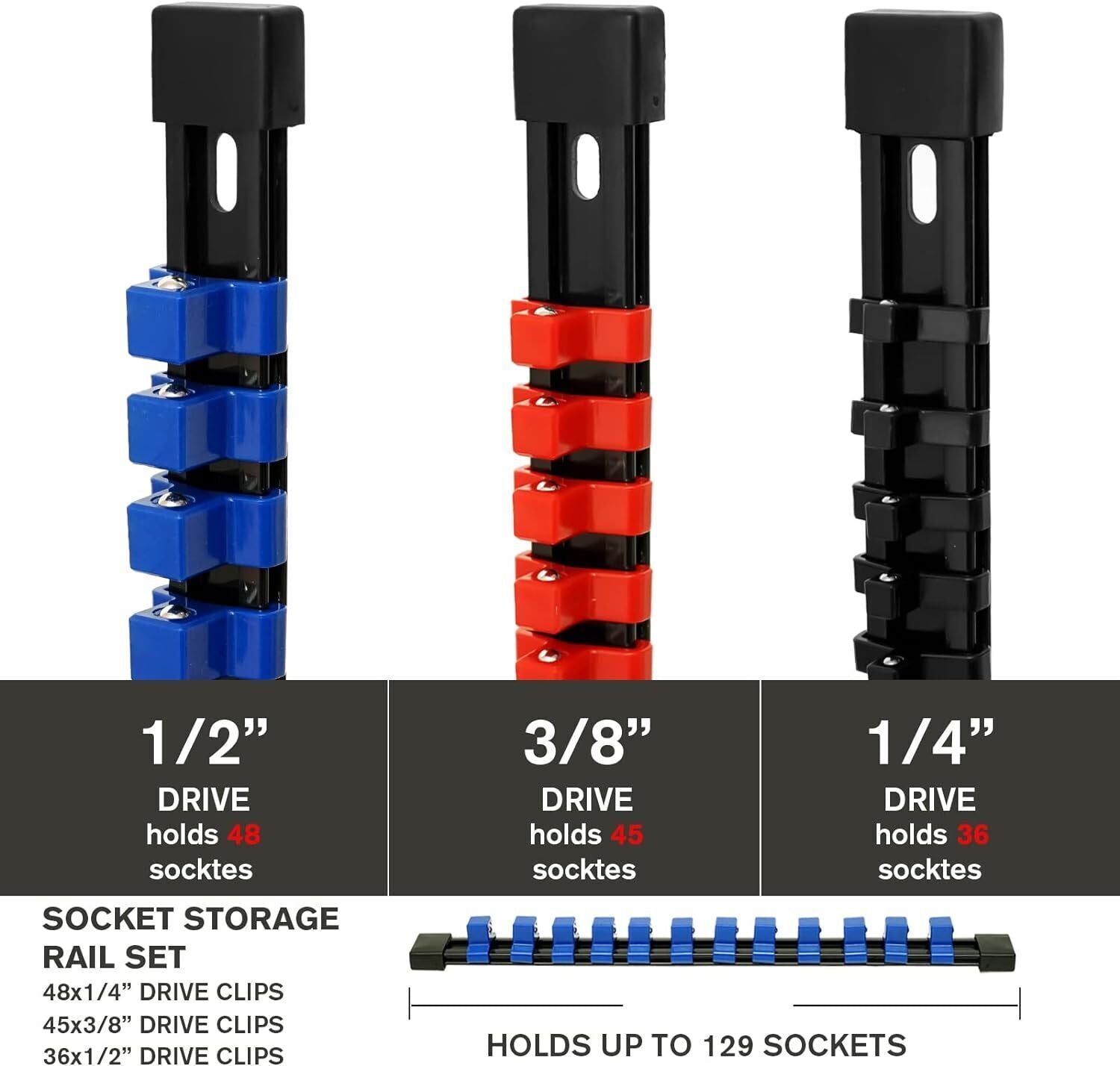 9PC Socket Organizer 1/2 3/8 1/4 Inch Drive Socket Rail Holders Wall Mount