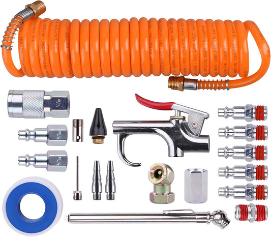 20 Piece Air Compressor Hose Tool Kit  1/4 Inch NPT Air Accessory Kit with Coil PU Hose/Blow /Tire Gauge/Storage Case