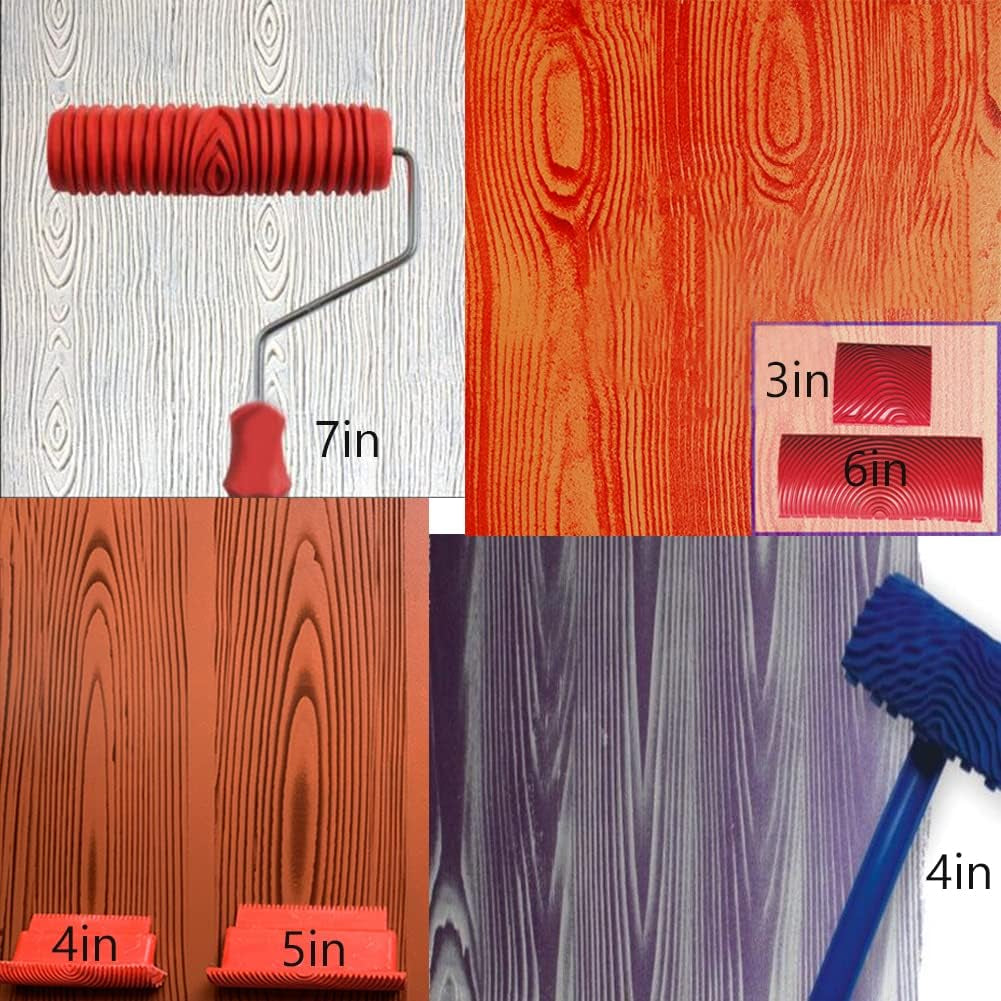 6pcs 7" Fake Wood Grain Roller Painting Tool with Handle Graining Tool Paint Look Like Wood for Wall Room Art Paint Decoration