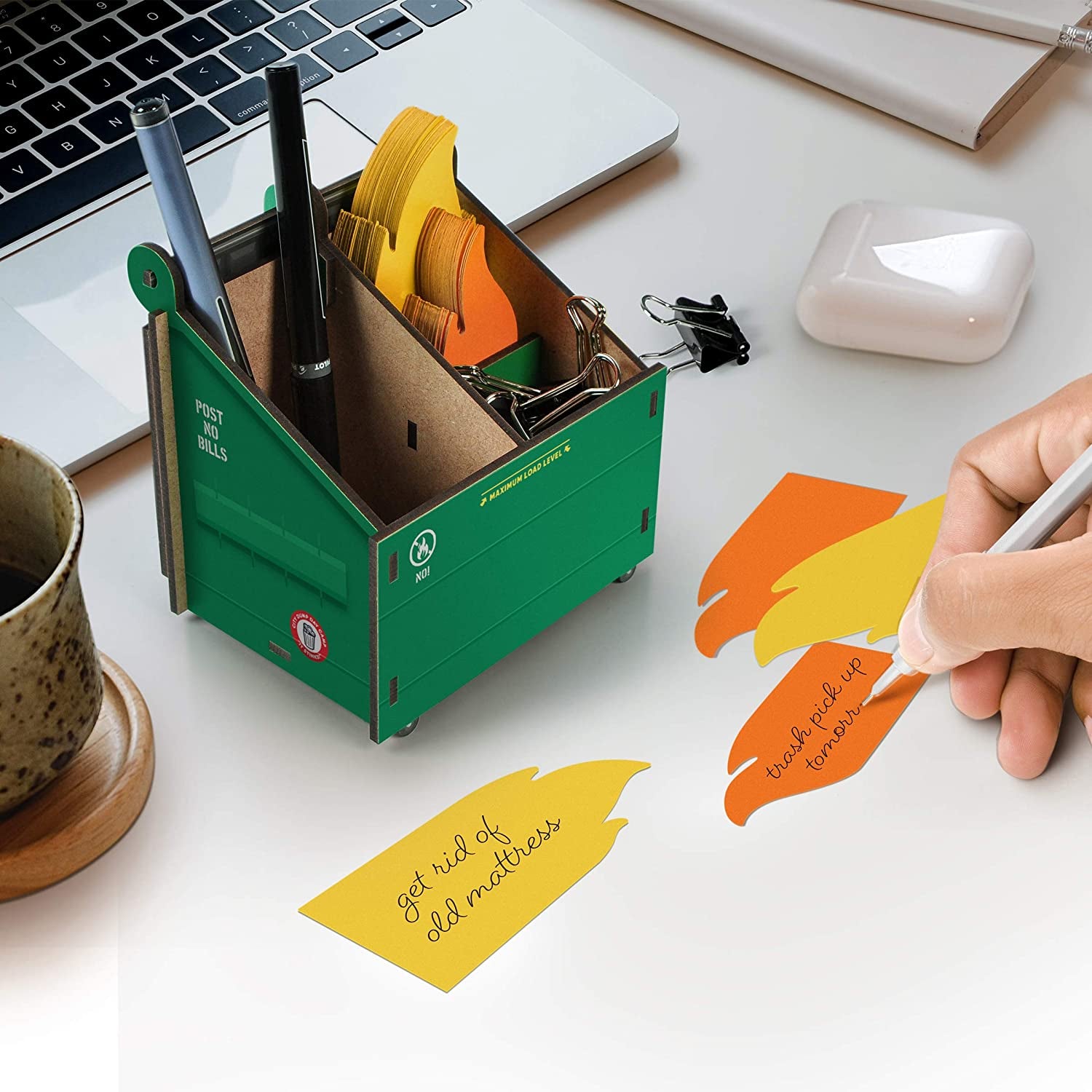 DESK DUMPSTER Pencil Holder with Flame Note Cards 3 Compartments for Desk and Office Supplies