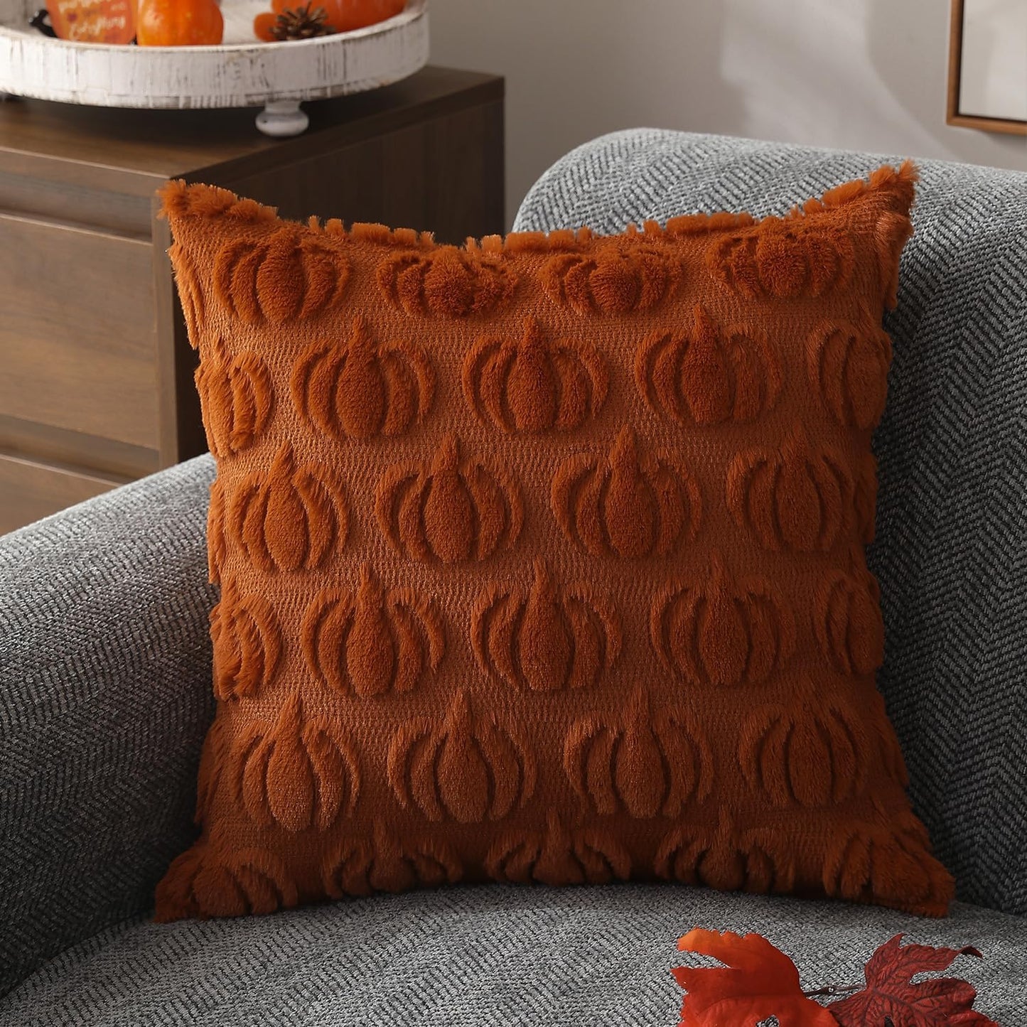 Set of 2 Fall Pillow Covers Fall Decorations Autumn Rust Pumpkin Throw Pillow Cases Soft Plush Faux Fur Wool Couch Cushion Case for Chair Sofa 18x18 