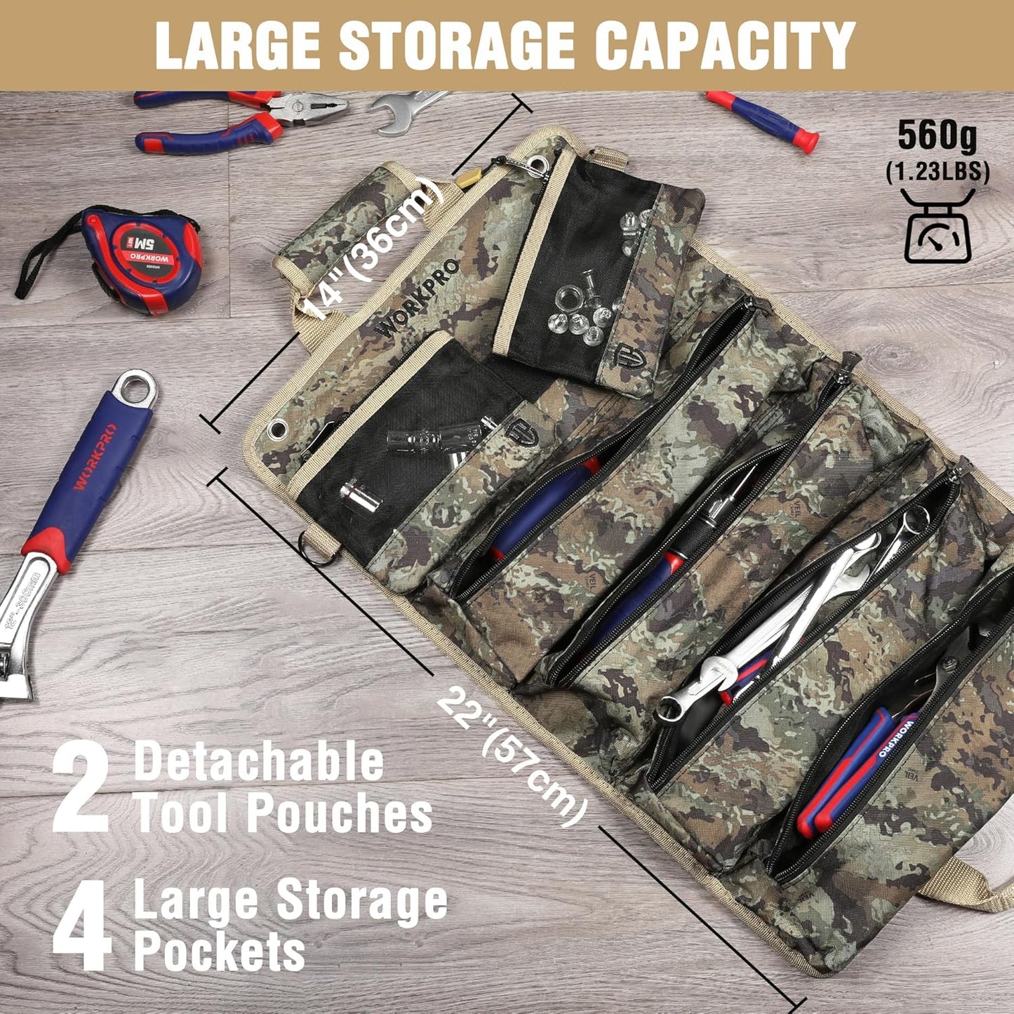 Heavy Duty Tool Bag Organizer with 6 Pockets Tool Roll Organizer for Mechanic, Electrician, Plumber and Carpenter,Camo