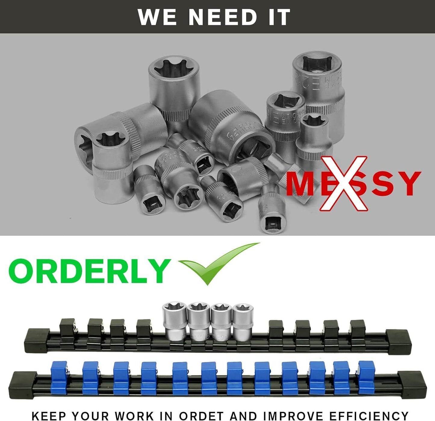 9PC Socket Organizer 1/2 3/8 1/4 Inch Drive Socket Rail Holders Wall Mount