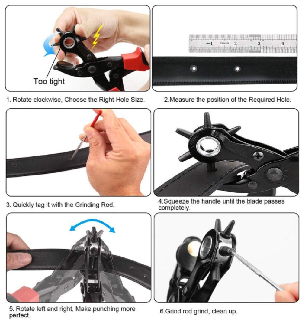 10″ Heavy-Duty Leather Hole Punch Pliers – 6-Size Belt & Strap Punch Tool