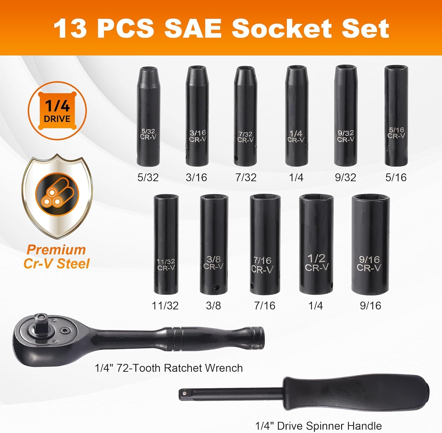 13-Piece 1/4" Drive Socket Set 72-Tooth Ratchet Wrench, Drive Spinner Handle, 6 Point Design