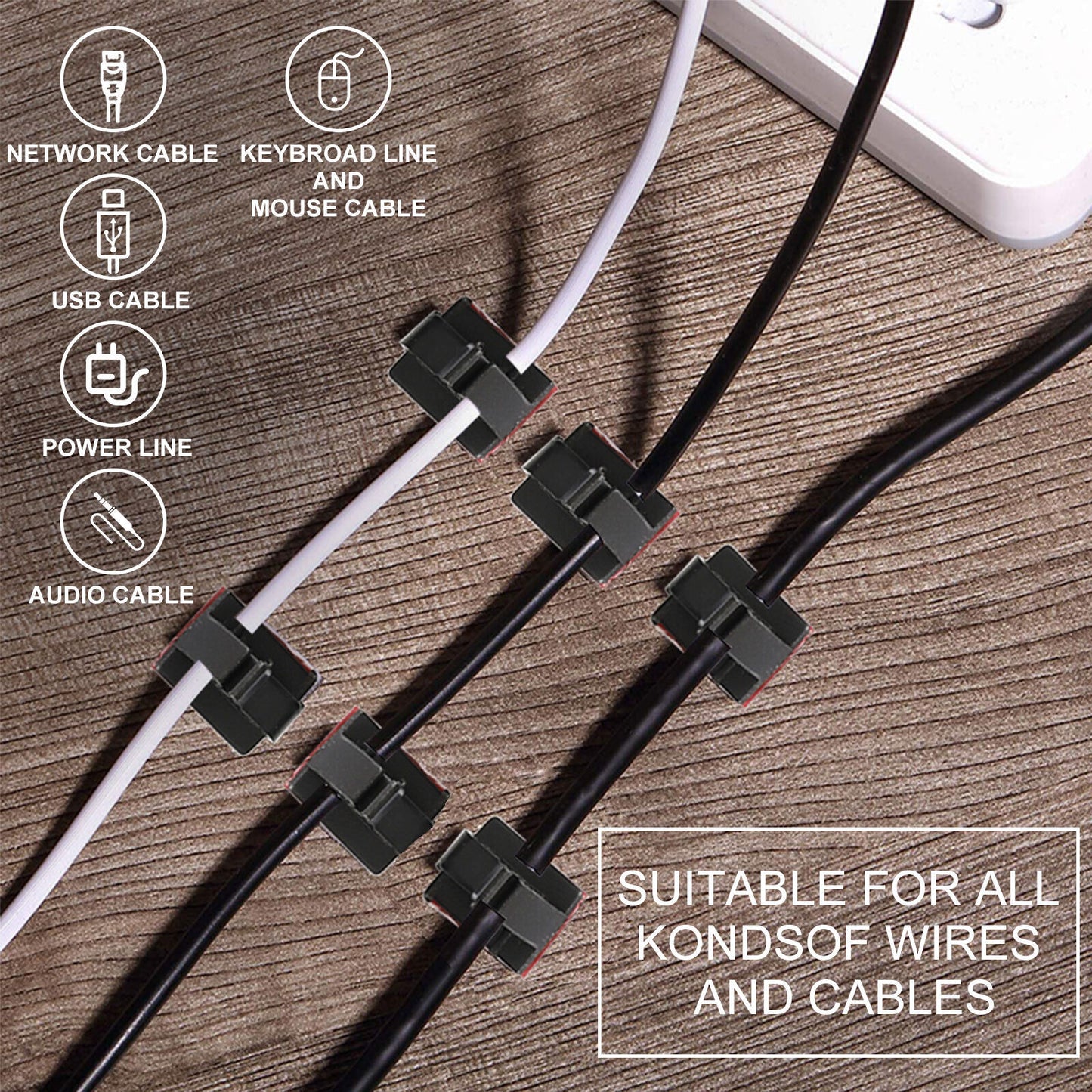 100Pcs Cable Clips Self-Adhesive Cord Wire Holder Management Organizer Clamp