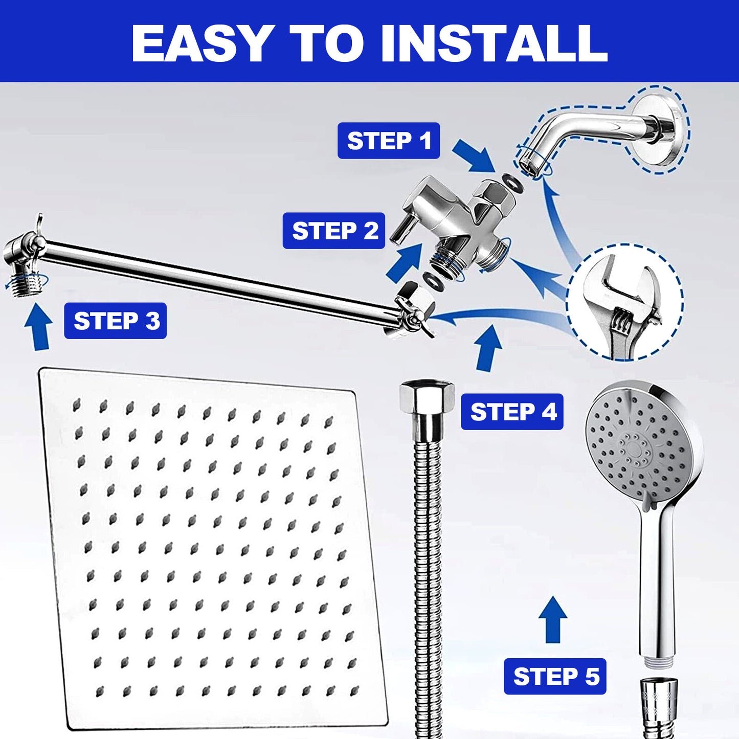 8'' High Pressure Square Rain Shower Head with Adjustable Handheld Spray Combo