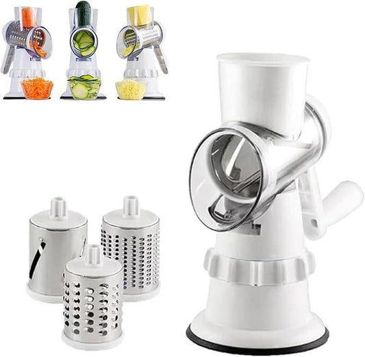3-In-1 Manual Rotary Cheese & Vegetable Grater – Stainless Steel Blades with Suction Base