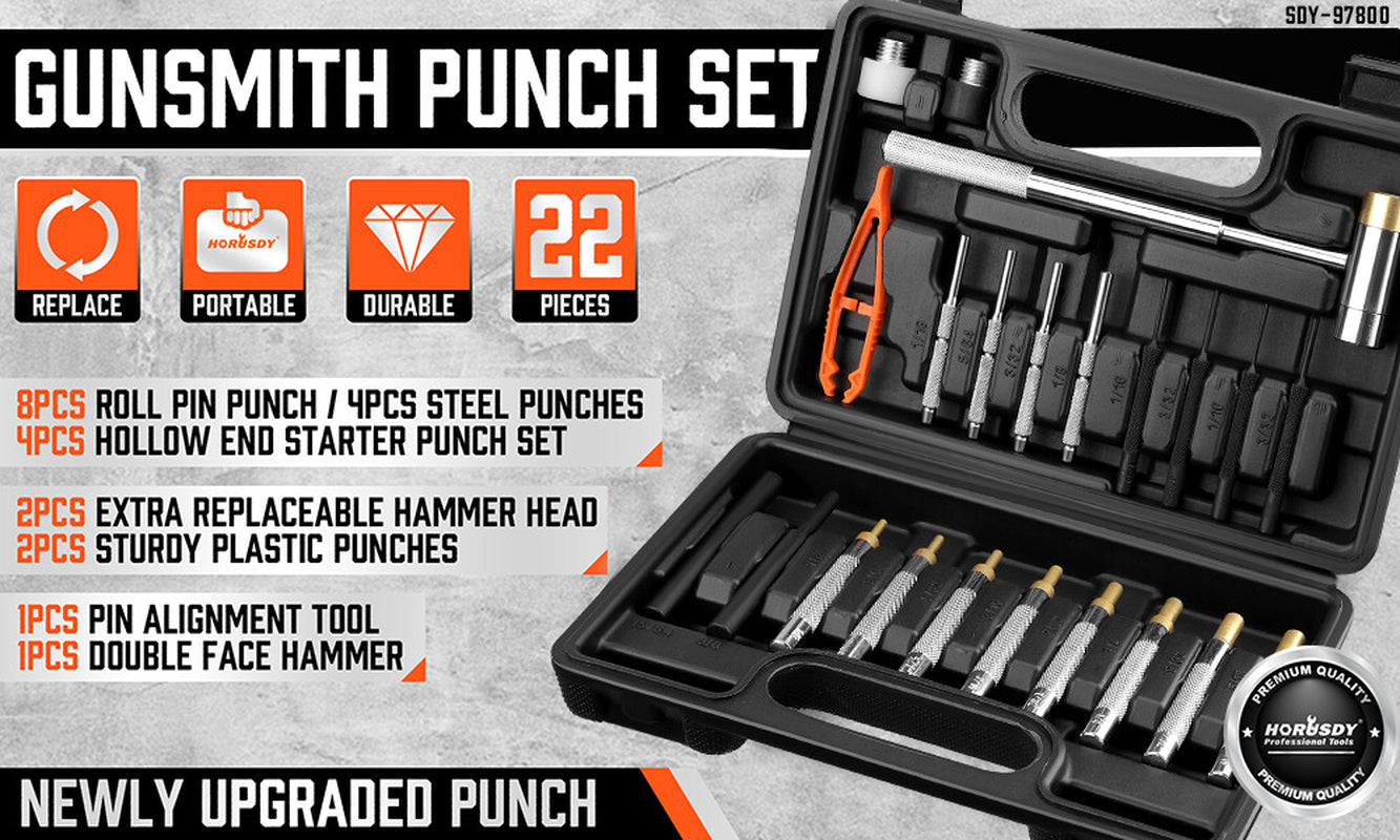 22PC Hammer & Punch Set Brass Steel Plastic Punches Gunsmithing Maintenance Case