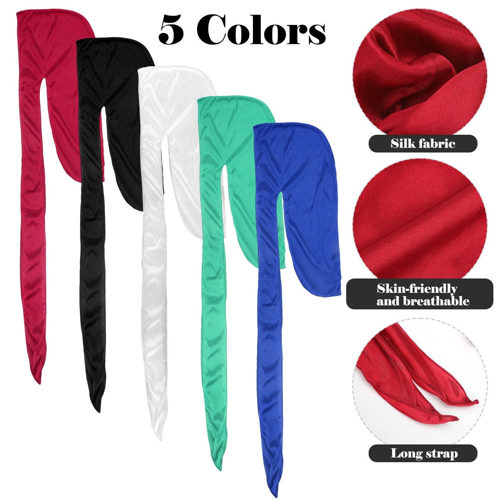 5PCS Silky Durag Caps Wave Wide Strap Headwraps Long Tail Turban Beanies for Men, Women, Multicoloured