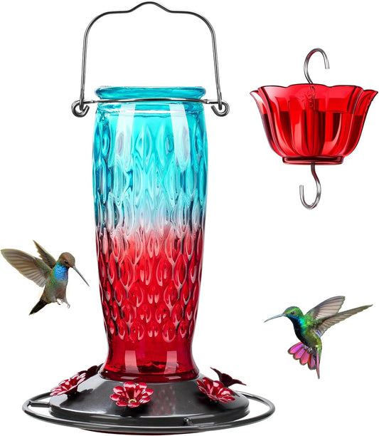 Hummingbird Feeders for Outdoors Hanging, 24 Ounce, Glass Hummingbird Feeder with Ant Moat & 6 Feeding Ports, Leak-Proof, Blue & Red