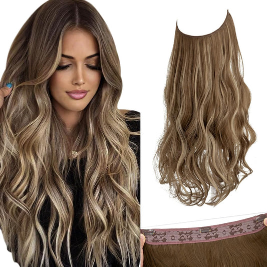 18'' Invisible Wire Hair Extensions with 3 Clips - Adjustable Synthetic Wavy Curly Hairpiece with Transparent Headband for Women, Ash Medium Brown/Ash Blonde Highlights