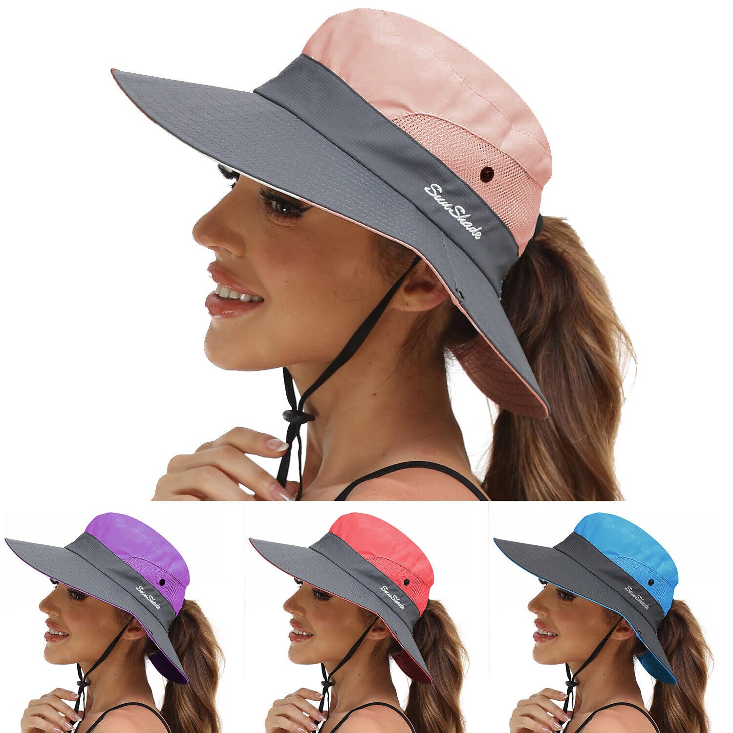 Summer Bucket Hat Boonie Women Ponytail Cap Wide Brim Sun UV Protection Travel