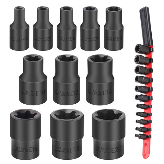 11-Piece Female E-Torx Star Socket Set with Rail | E4 to E20 | 1/4'' & 3/8'' Drive Torque Sockets