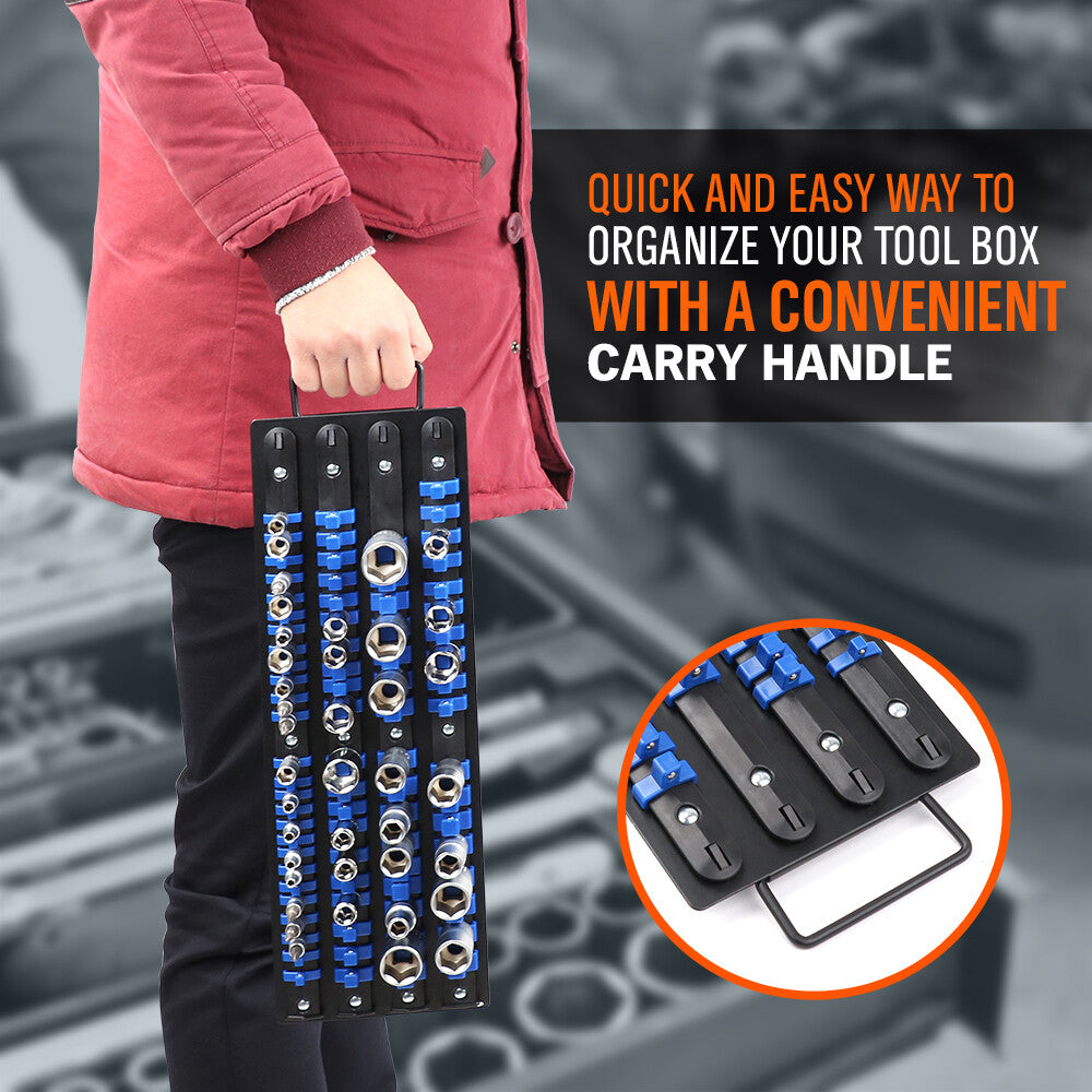Heavy Duty Socket Organizer Rack – 80 Clip Holder for Tool Storage Tray Storage Rack Mountable 1/4 3/8 1/2 