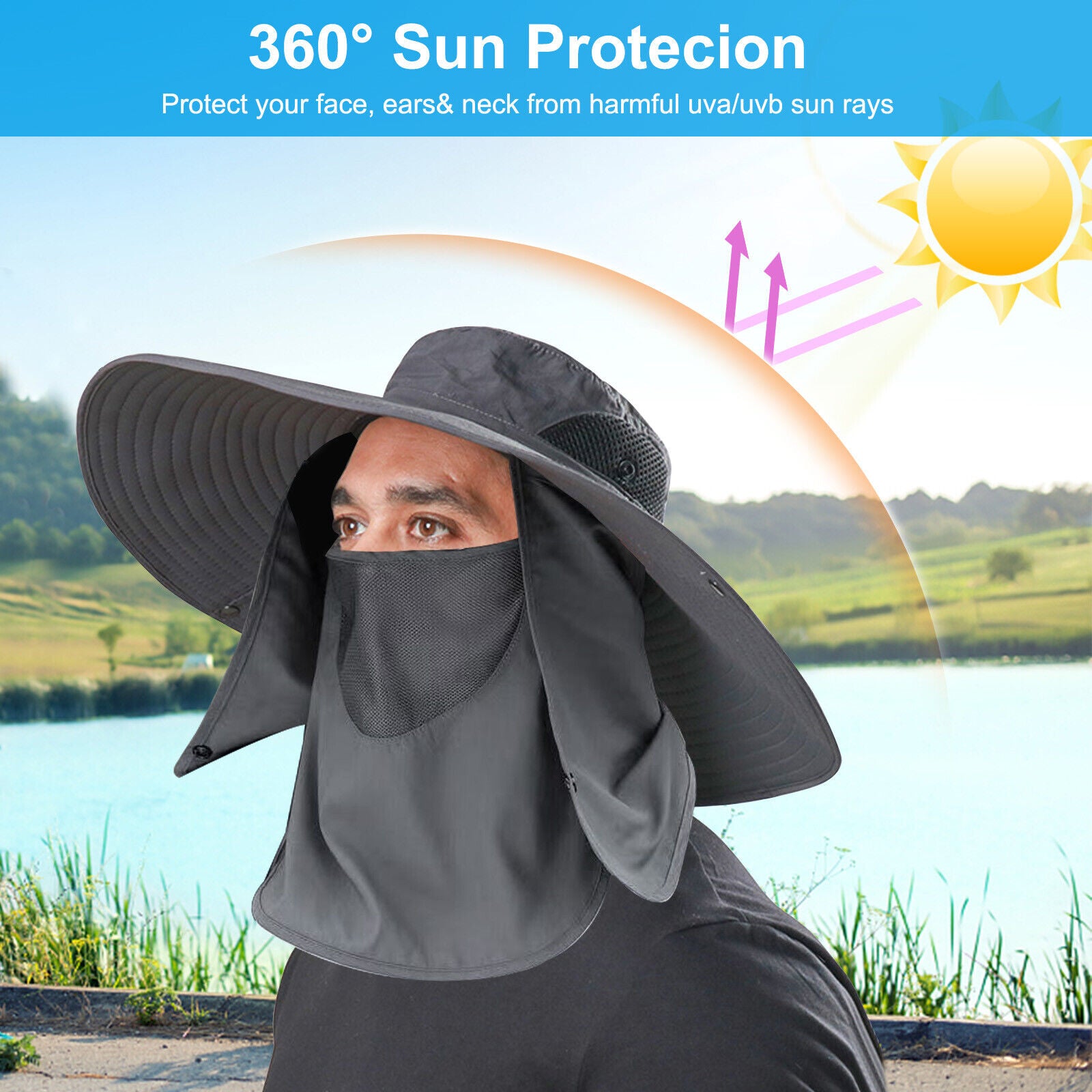 Wide Brim Sun Hat with Neck Flap UV Protection Hiking Fishing Cap for Men Women