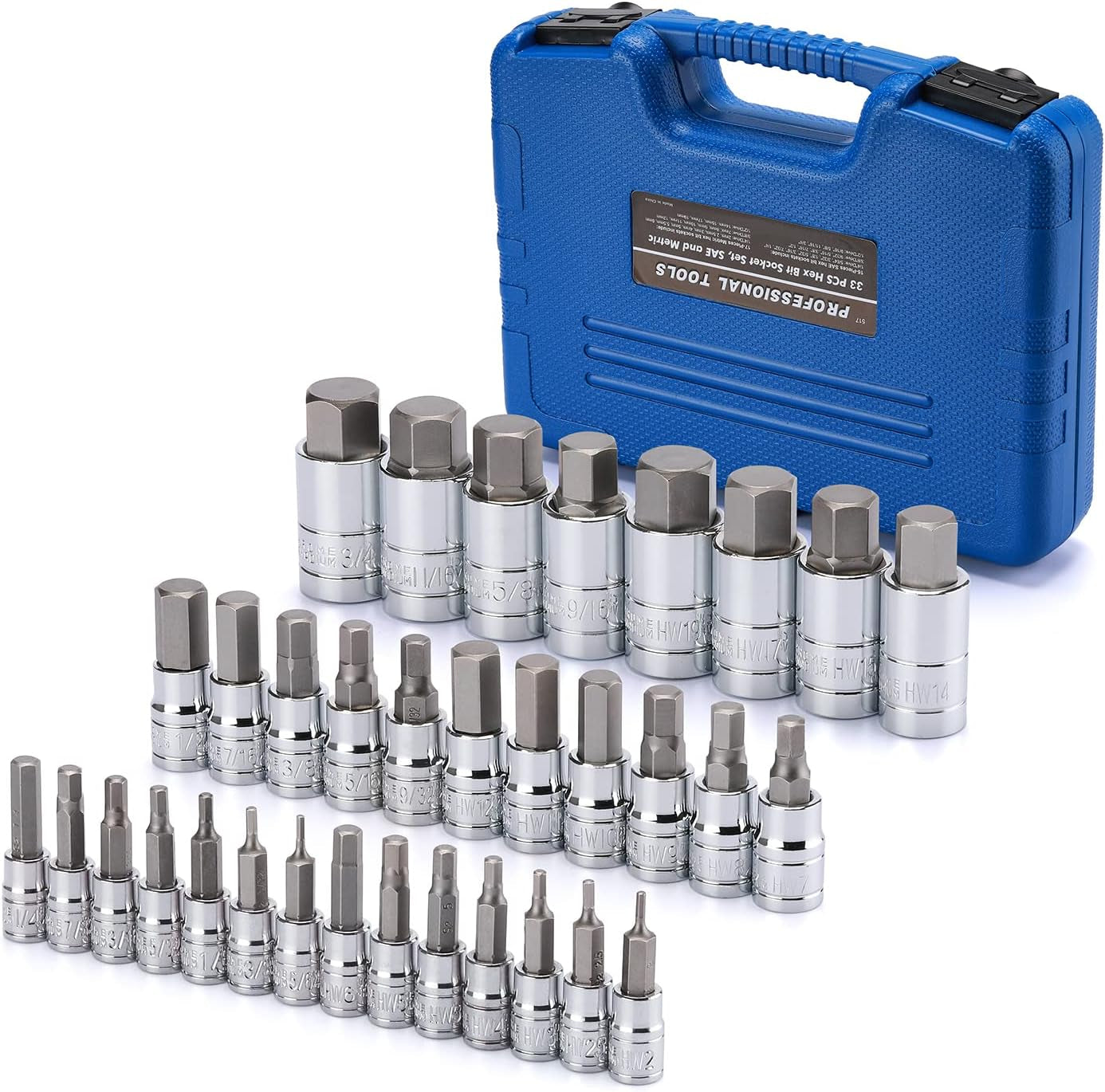 33PCS Master Hex Allen Bit Socket Set S2 & Cr-V Steel SAE and Metric 5/64-Inch to 3/4-Inch, 2mm to 19mm