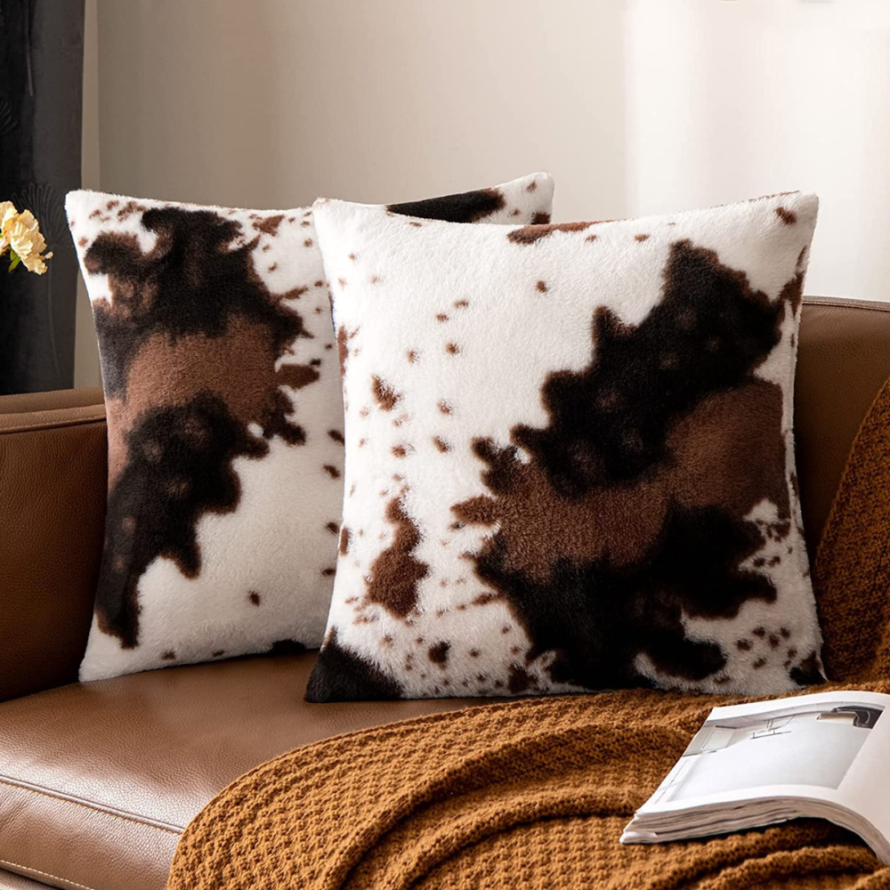 Pack of 2 Luxury Rustic Farmhouse Cowhide Print Throw Pillow Covers Decorative 18X18 Inch