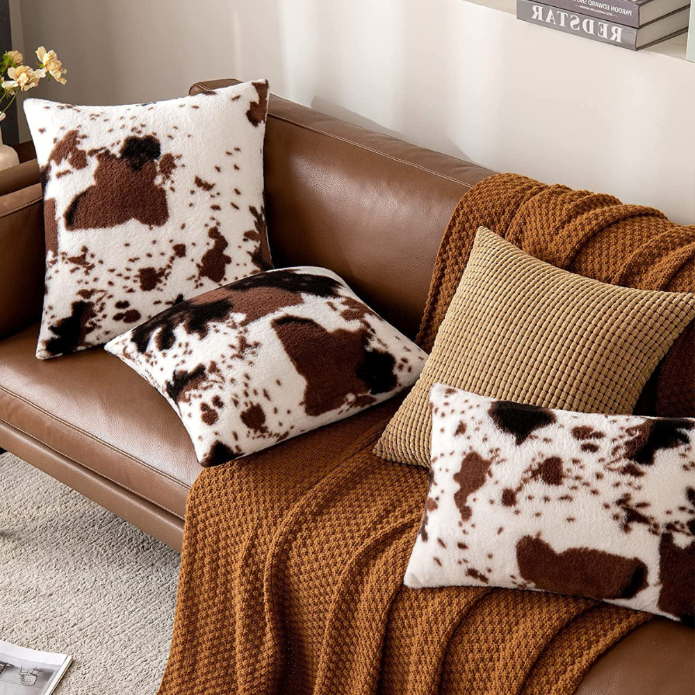 Pack of 2 Luxury Rustic Farmhouse Cowhide Print Throw Pillow Covers Decorative 18X18 Inch