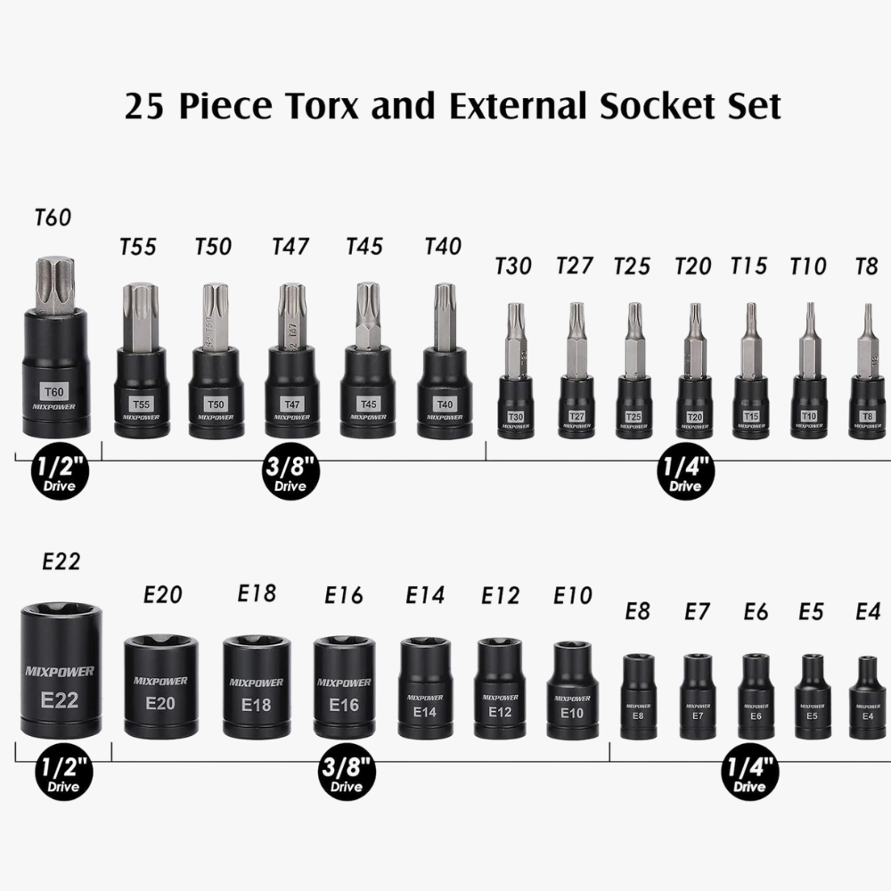 25 Piece Torx Bit and Socket Set, 13 Star Bits (T8- T60) & 12 E-Torx Sockets (E4-E22), Professional Grade Auto & Motorcycle Mechanic Set