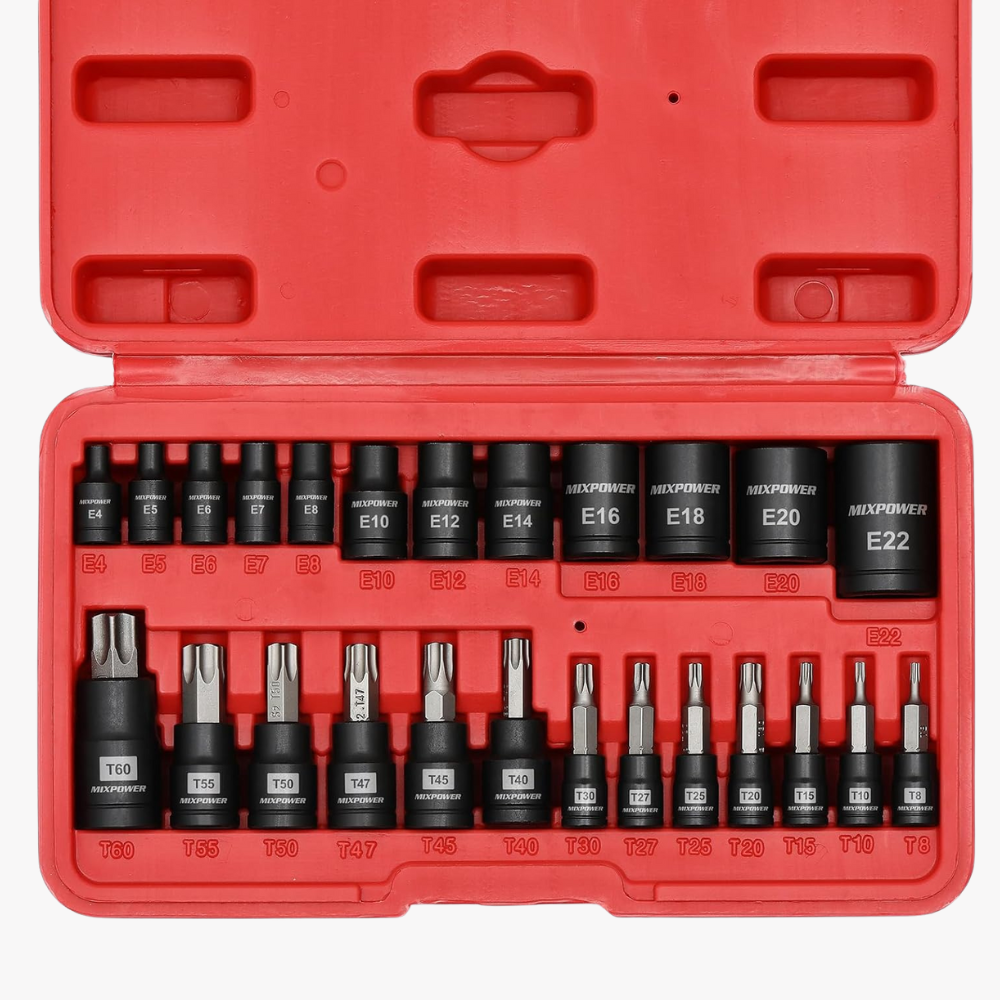 25 Piece Torx Bit and Socket Set, 13 Star Bits (T8- T60) & 12 E-Torx Sockets (E4-E22), Professional Grade Auto & Motorcycle Mechanic Set