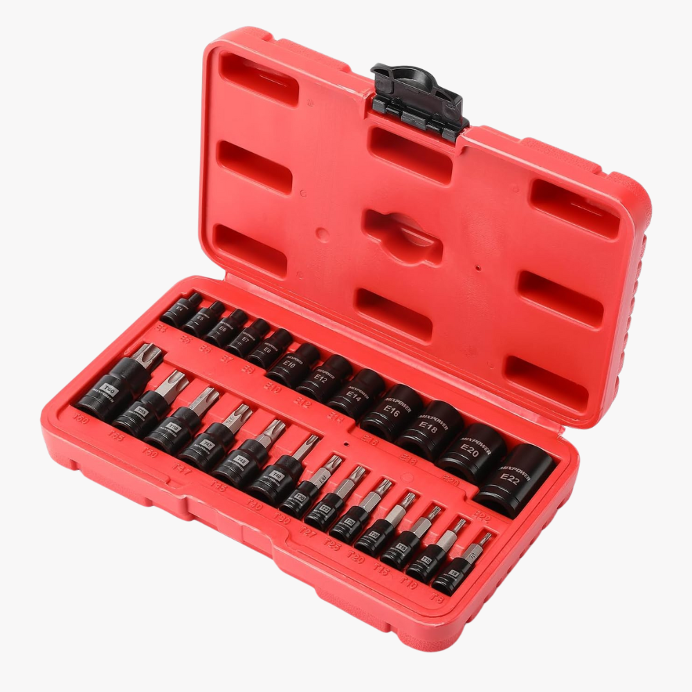 25 Piece Torx Bit and Socket Set, 13 Star Bits (T8- T60) & 12 E-Torx Sockets (E4-E22), Professional Grade Auto & Motorcycle Mechanic Set