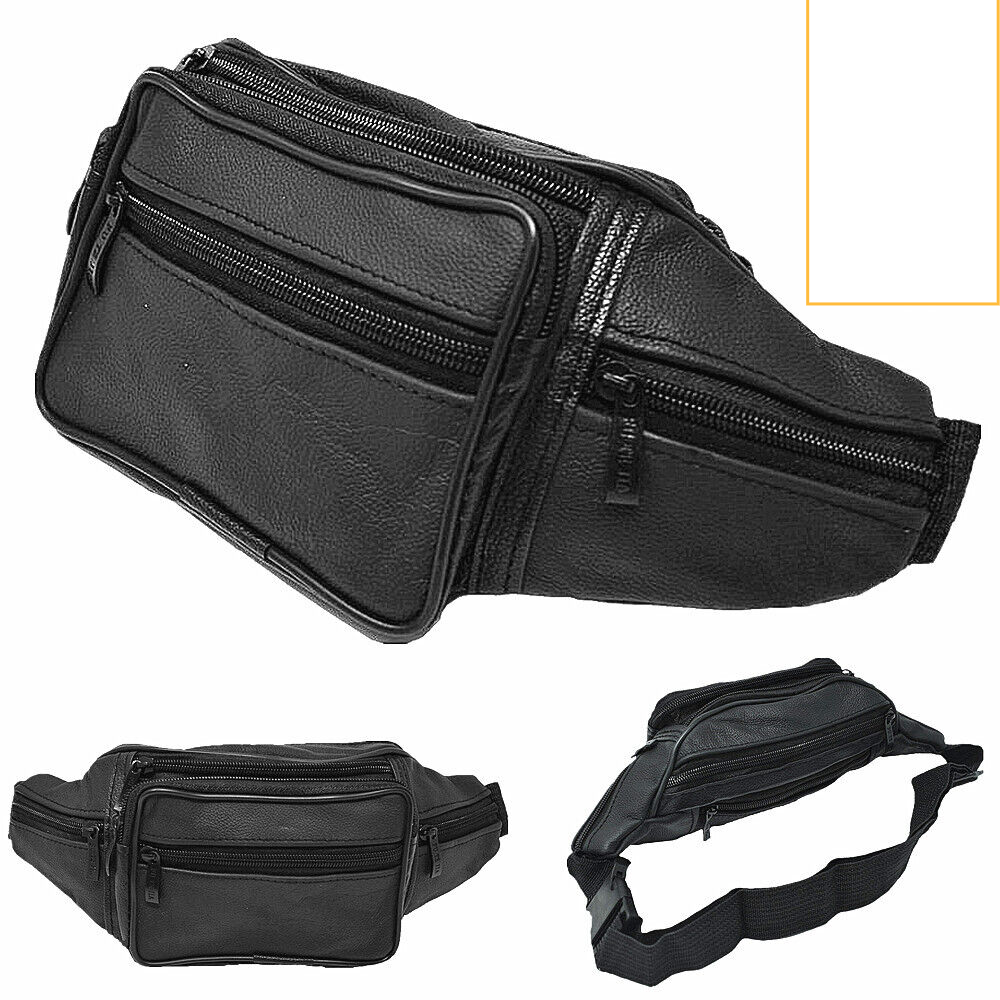 Genuine Leather Fanny Pack Multi Zippered Waist Bag Hip Belt Purse Black Pouch