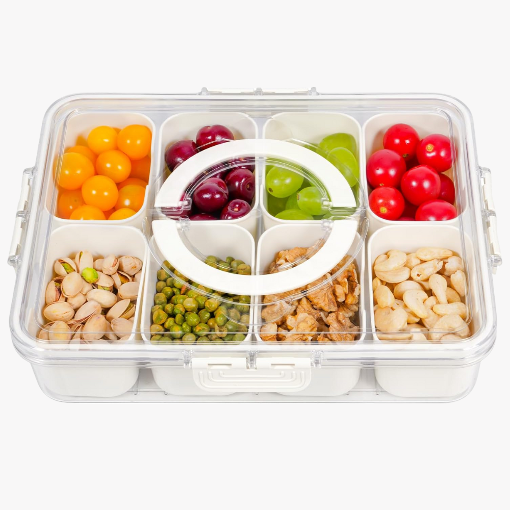 Divided Serving Tray with Lid and Handle - Snackle Box Charcuterie Container for Portable Snack Platters - Clear Organizer for Candy, Fruits, Nuts, Snacks - Perfect for Party, Entertaining