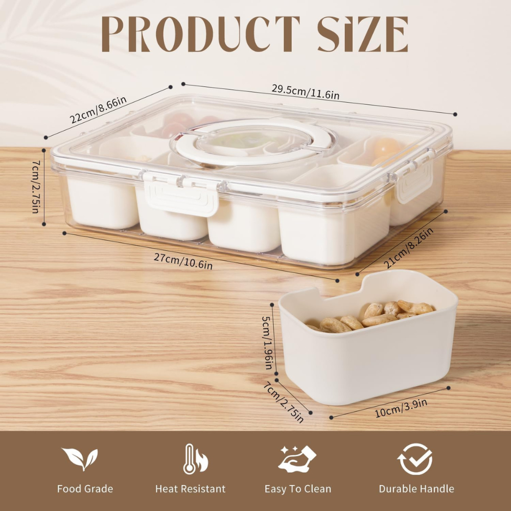 Divided Serving Tray with Lid and Handle - Snackle Box Charcuterie Container for Portable Snack Platters - Clear Organizer for Candy, Fruits, Nuts, Snacks - Perfect for Party, Entertaining