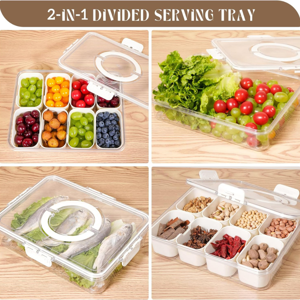 Divided Serving Tray with Lid and Handle - Snackle Box Charcuterie Container for Portable Snack Platters - Clear Organizer for Candy, Fruits, Nuts, Snacks - Perfect for Party, Entertaining