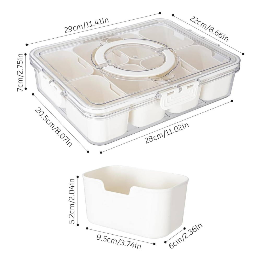 Divided Snack Serving Tray with Lid and Handle Travel Snackle Box Charcuterie Container Portable Storage Organizer for Candy, Fruits, Nuts, Snacks 1Pack White