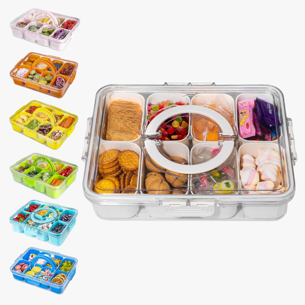 Divided Snack Serving Tray with Lid and Handle Travel Snackle Box Charcuterie Container Portable Storage Organizer for Candy, Fruits, Nuts, Snacks 1Pack White