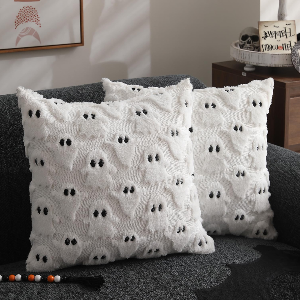 Set of 2 White Ghost Throw Pillow Cases Halloween Pillow Covers  Soft Plush Faux Fur Wool Couch Cushion Case for Chair Sofa Bedroom Living Room18x18 inch