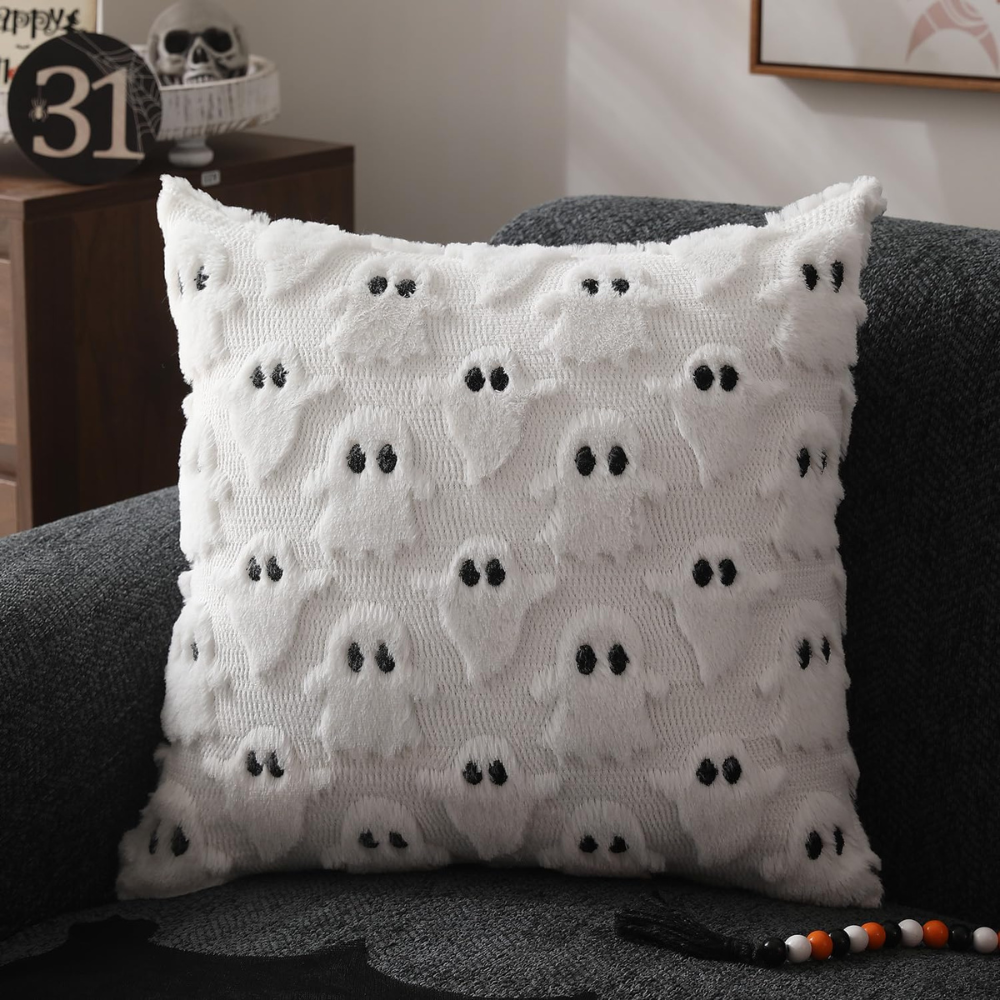 Set of 2 White Ghost Throw Pillow Cases Halloween Pillow Covers  Soft Plush Faux Fur Wool Couch Cushion Case for Chair Sofa Bedroom Living Room18x18 inch