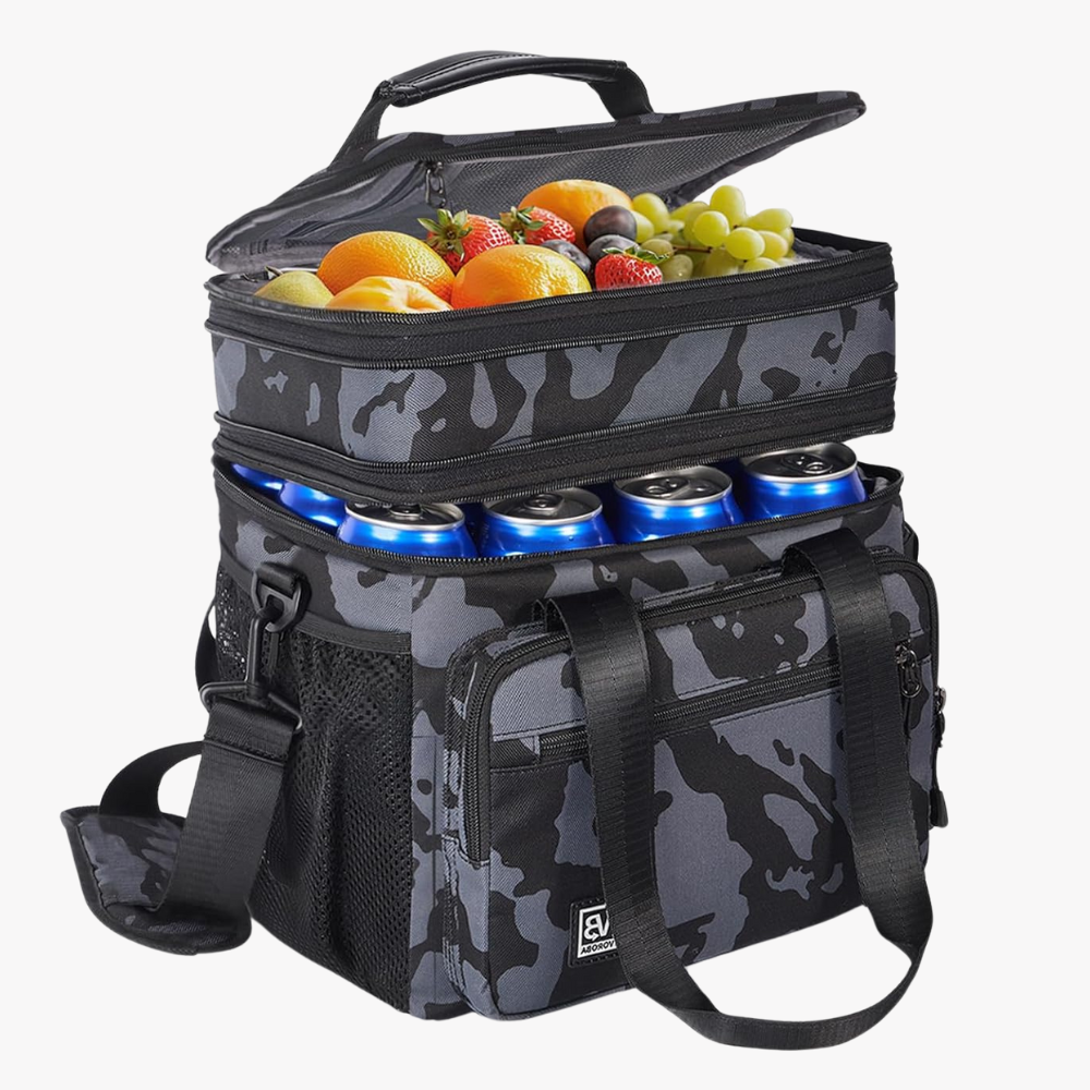 Double Deck Large Lunch Box Expandable Black Adult Lunch Box with Shoulder Strap 24 cans Adult Lunch Bag, Womens Lunch Bags for Work Travel Hiking