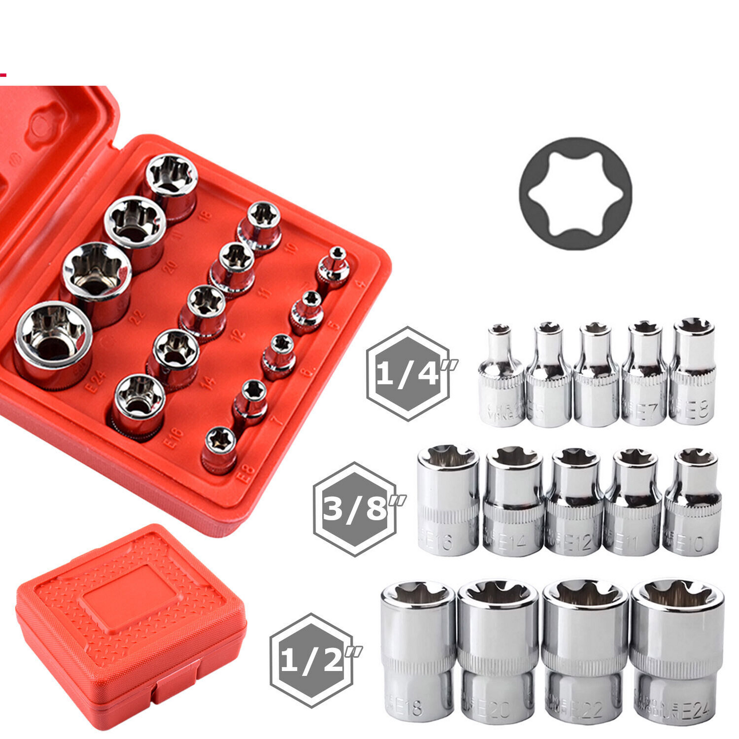 14 PCS E Torx Star Female Bit Socket Set 1/2" 3/8" 1/4" Drive E4 - E24 with Case