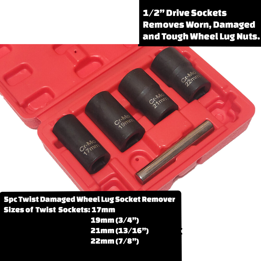 5Pcs Twist Socket 1/2” Drive for Wheel Lug Nut Damaged Removal and Extractor