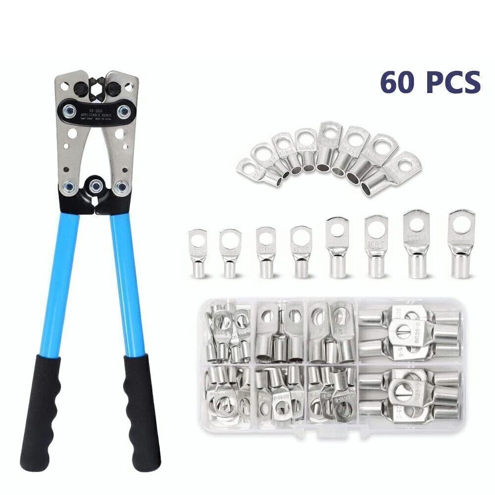 Heavy-Duty Cable Lug Crimping Tool Set – with 60PCS Copper Ring Terminals | 10-1 AWG