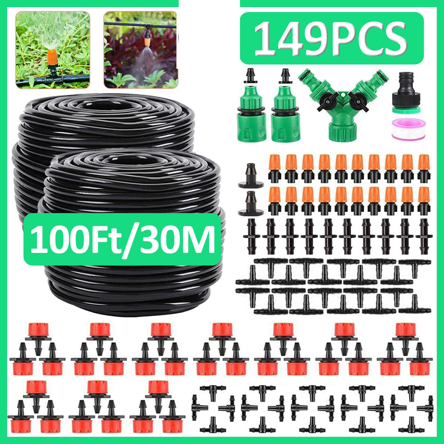 Drip Irrigation System Plant Timer Self Garden Watering Spray Hose Kit 100Ft/30M