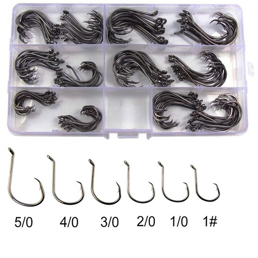 160 Offset Circle Fishing Hooks/Box - Black High Carbon Steel: Sizes #1-5/0